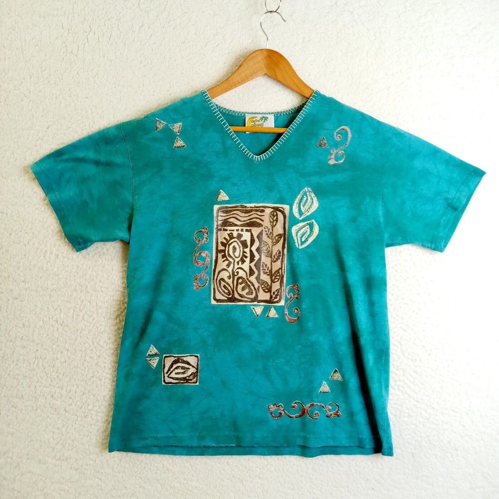 Copa Cabana Top Women's Medium Short Sleeve Turquoise Tribal‎ Print Cotton/Poly